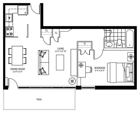 Floor plan for 1 bed, 1 bath, 618 sqft